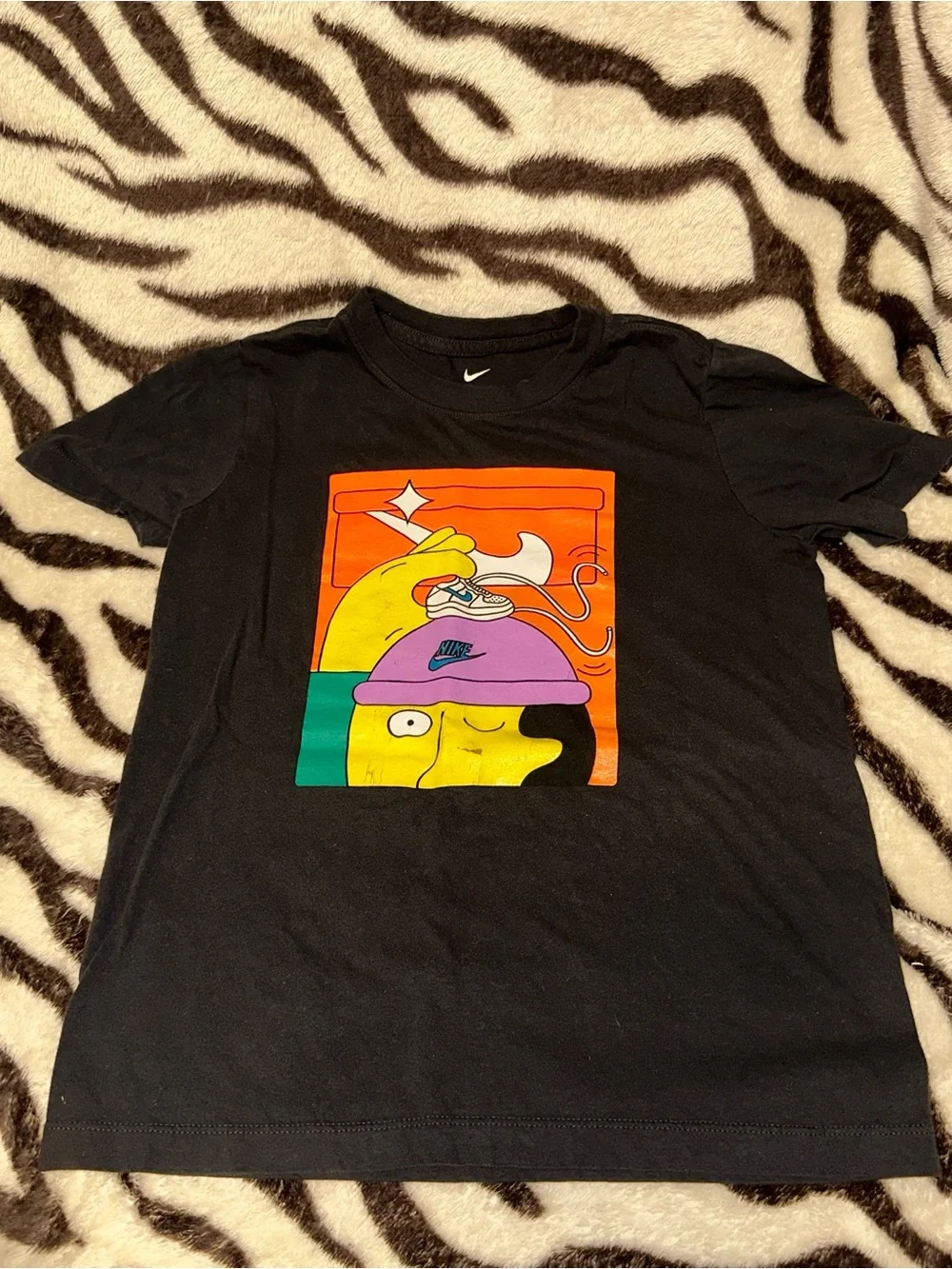 Kids Nike Black Tee with Yellow, Purple, Orange & Teal Cartoon Print